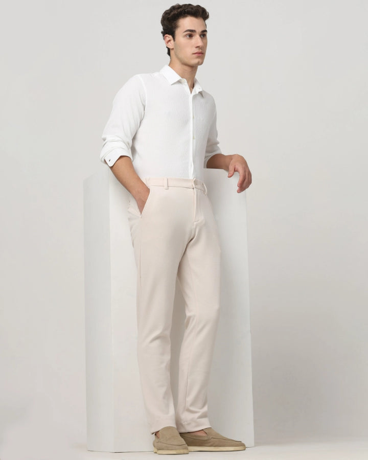 Beige Slim Fit Jersey Flat Front Pants Trousers