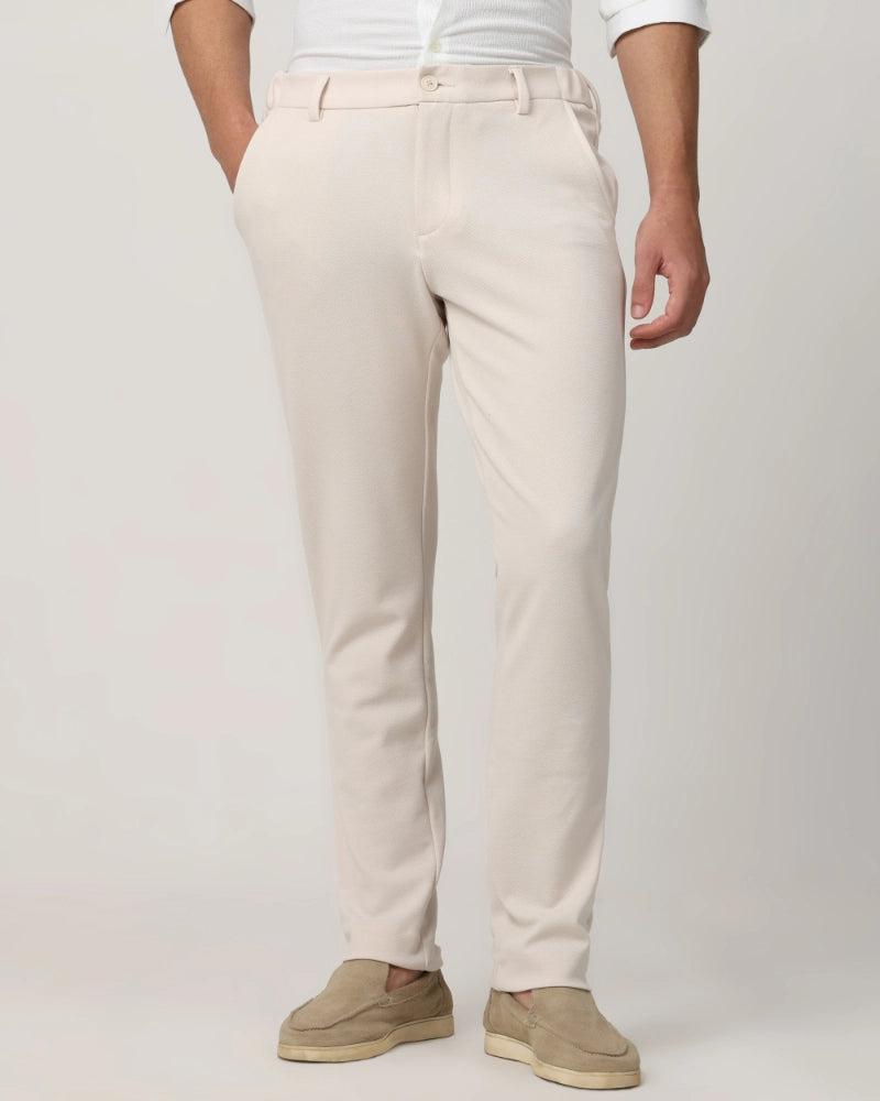 Beige Slim Fit Jersey Flat Front Pants Trousers