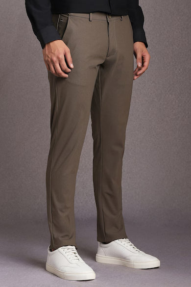 Men Brown Textured Flat Front Casual Trousers
