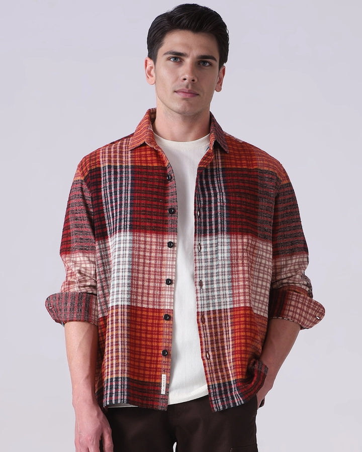 Rust Large Check Slim Fit Casual Shirt