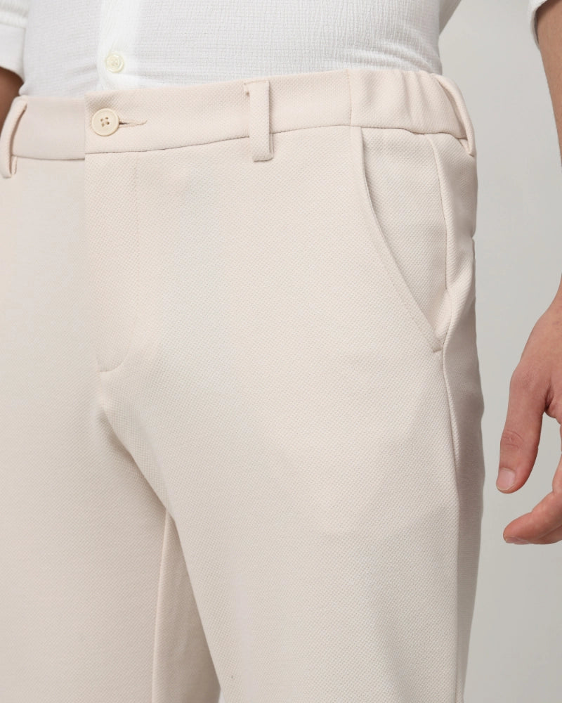 Beige Slim Fit Jersey Flat Front Pants Trousers