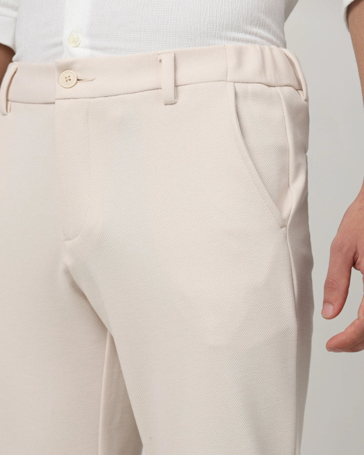 Beige Slim Fit Jersey Flat Front Pants Trousers