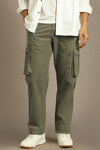 Men Olive Solid Flat Front Casual Cargos