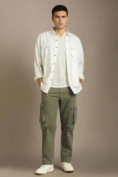 Men Olive Solid Flat Front Casual Cargos