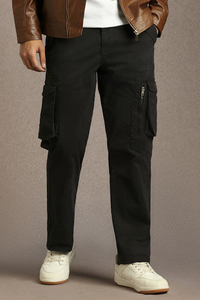 Men Olive Solid Flat Front Casual Cargos