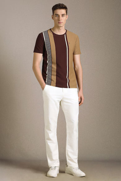 Men Brown Stripe Crew Neck T-shirt