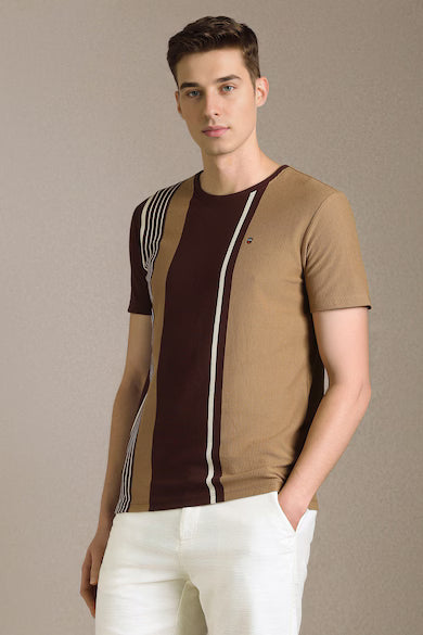 Men Brown Stripe Crew Neck T-shirt