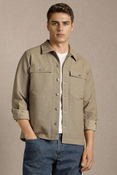 Men Casual Beige Textured Shacket