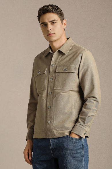 Men Casual Beige Textured Shacket
