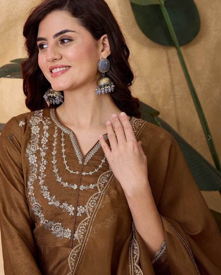 Women's Brown Embroidered Anarkali Kurta Pant & Dupatta Set