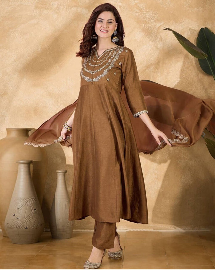 Women's Brown Embroidered Anarkali Kurta Pant & Dupatta Set