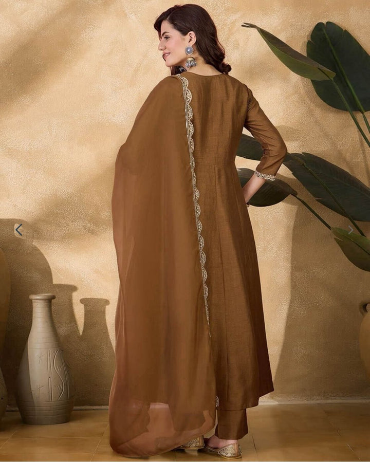 Women's Brown Embroidered Anarkali Kurta Pant & Dupatta Set