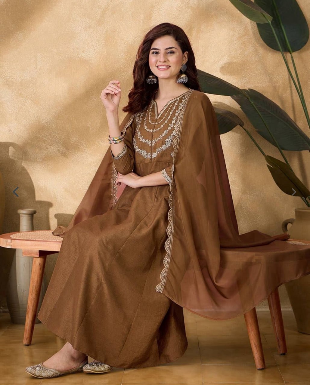Women's Brown Embroidered Anarkali Kurta Pant & Dupatta Set