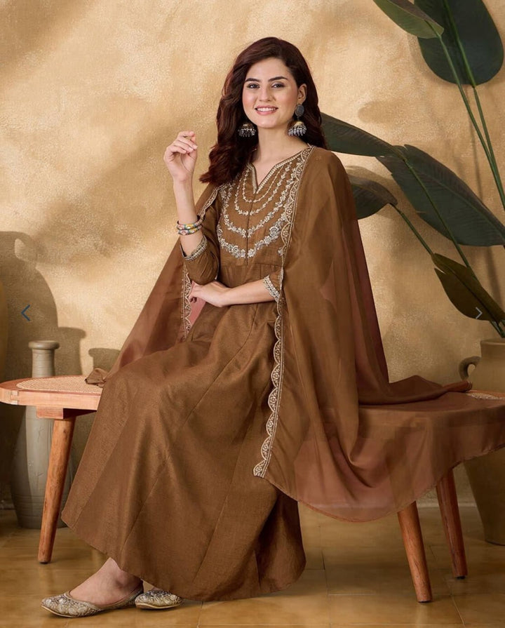 Women's Brown Embroidered Anarkali Kurta Pant & Dupatta Set