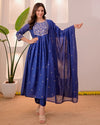 Women's Royal Blue Embroidered Anarkali Kurta Set with Dupatta