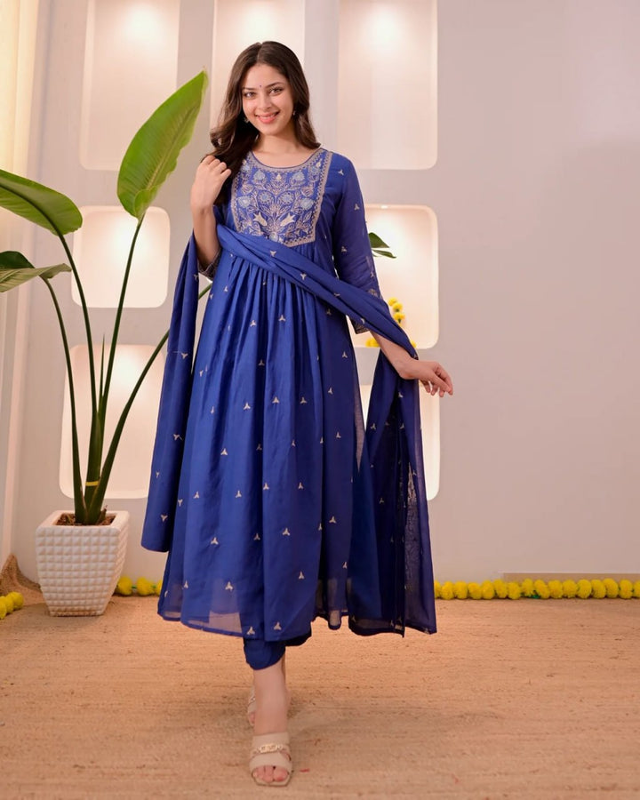 Women's Royal Blue Embroidered Anarkali Kurta Set with Dupatta