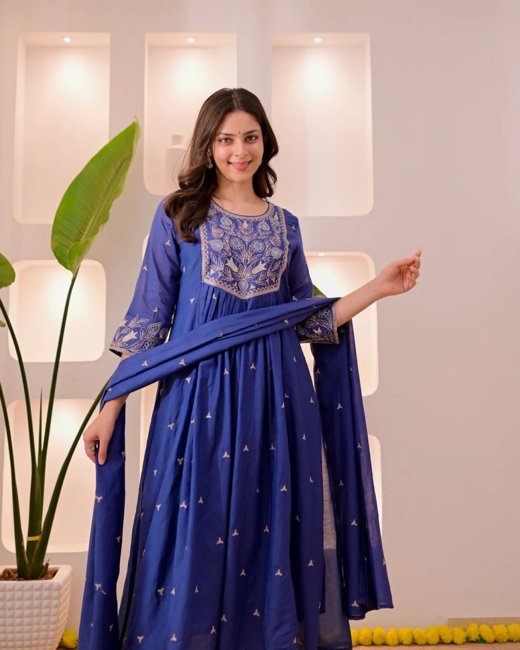 Women's Royal Blue Embroidered Anarkali Kurta Set with Dupatta