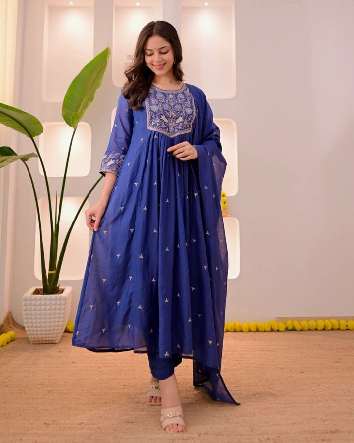 Women's Royal Blue Embroidered Anarkali Kurta Set with Dupatta