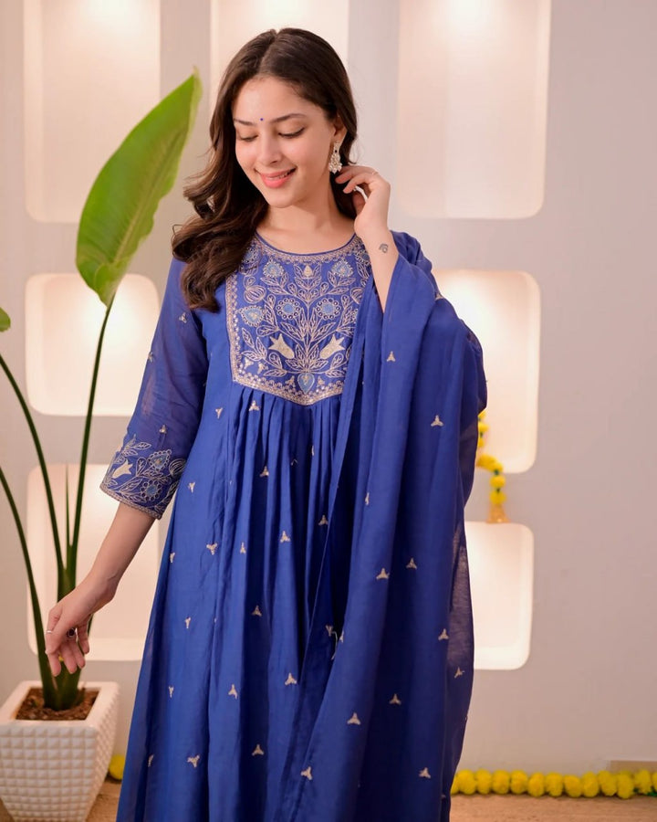 Women's Royal Blue Embroidered Anarkali Kurta Set with Dupatta