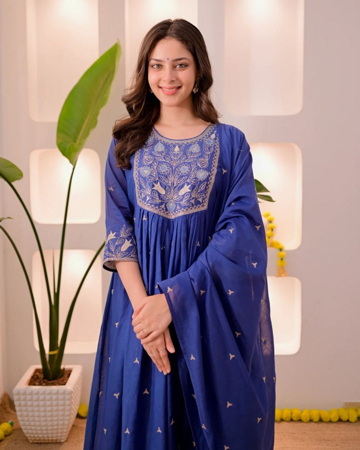 Women's Royal Blue Embroidered Anarkali Kurta Set with Dupatta